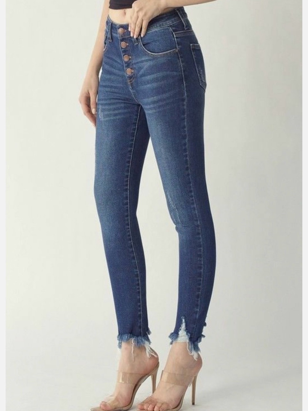 Risen Women’s Mid-Rise Button Fly Raw Hem Denim Skinny Jeans Size 9
